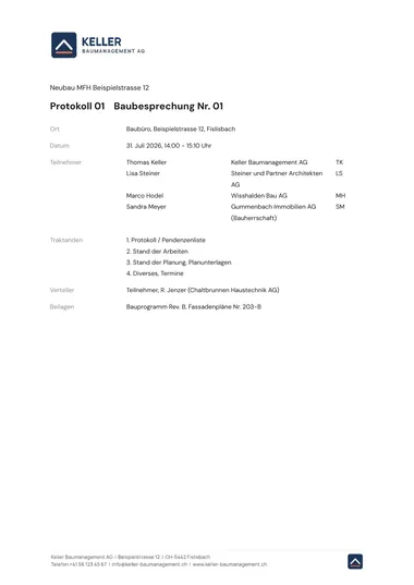 Beispiel eines Baubesprechungs-Protokolls